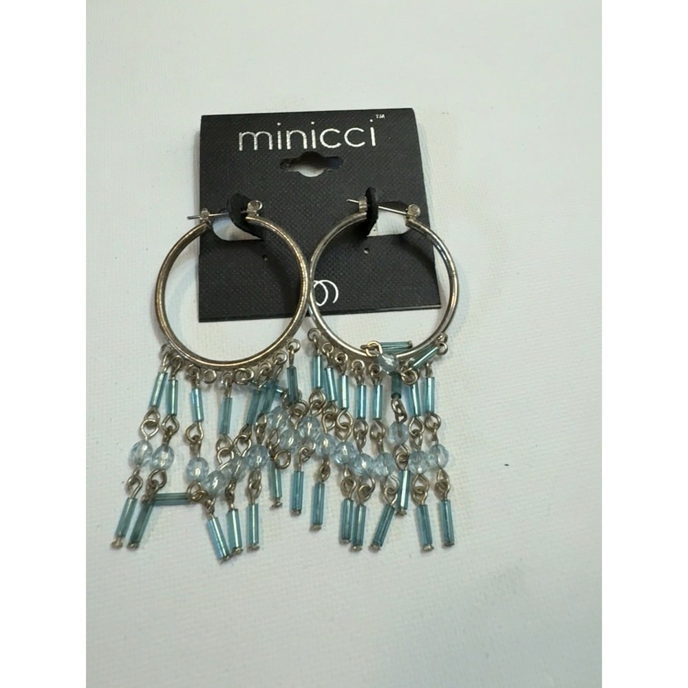 Minicci Silver Tone Hoop Dangle Earrings Blue Beaded Fringe Boho Statement
